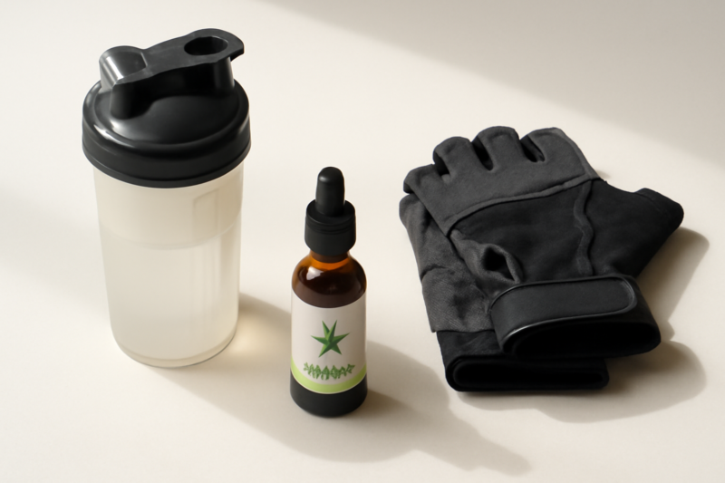 cbd-pre-workout CBD olie naast een shakerbeker en sporthandschoenen als pre-workout routine