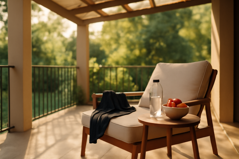 veranda Comfortabele veranda met loungestoel en waterfles na een workout in de tuin