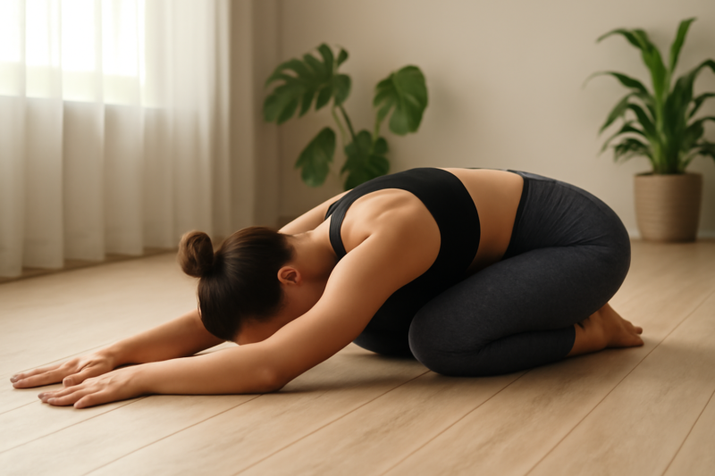 yoga-ontspanning-na-training Sporter in kindhouding yoga pose op houten vloer tijdens ontspanning na training